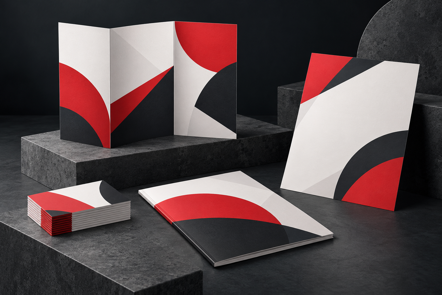 Illustration of coordinated brochures, business cards, a booklet, and a sales sheet in red, charcoal, and white.