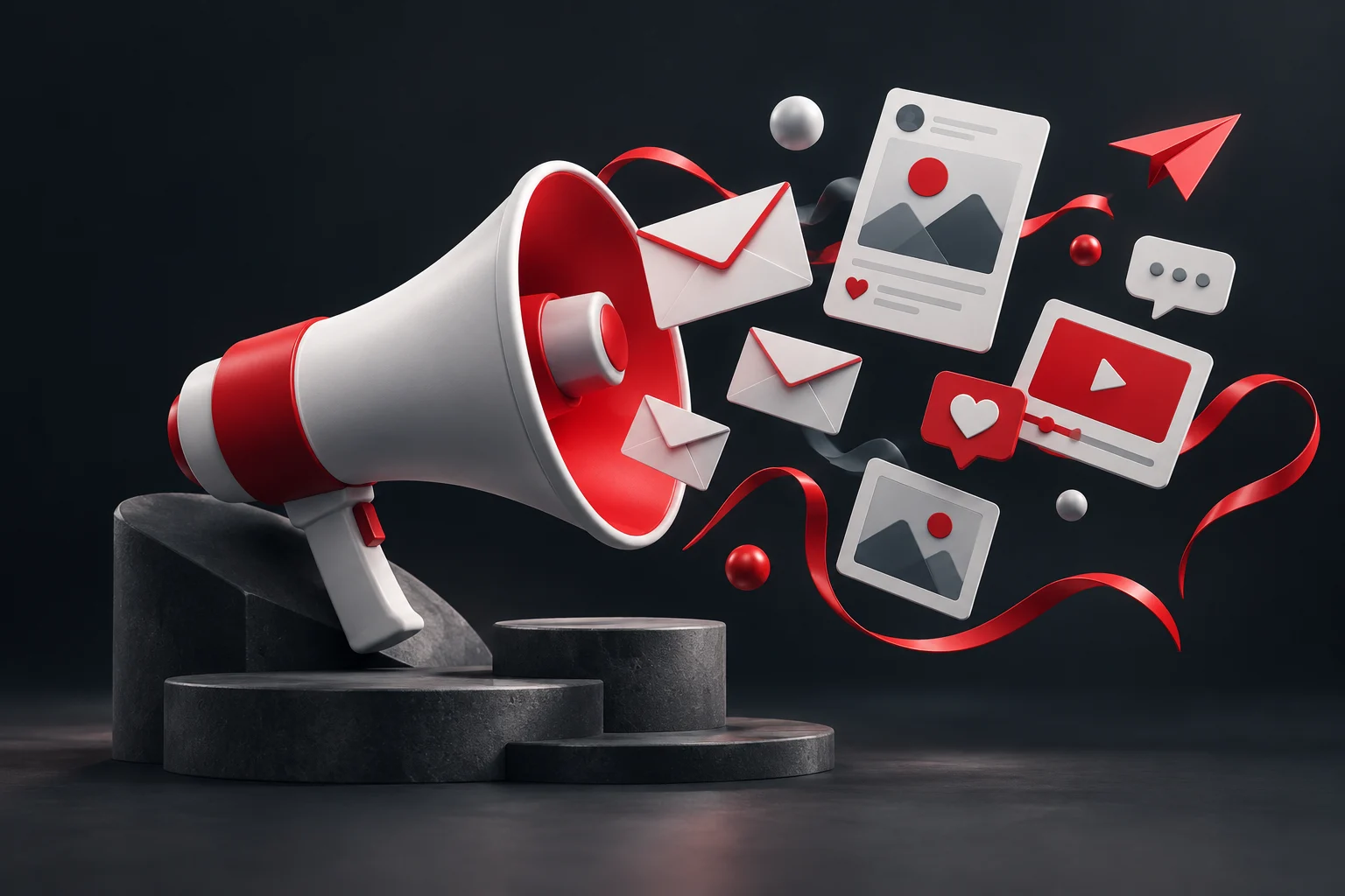 Digital marketing illustration with megaphone, email, and content cards