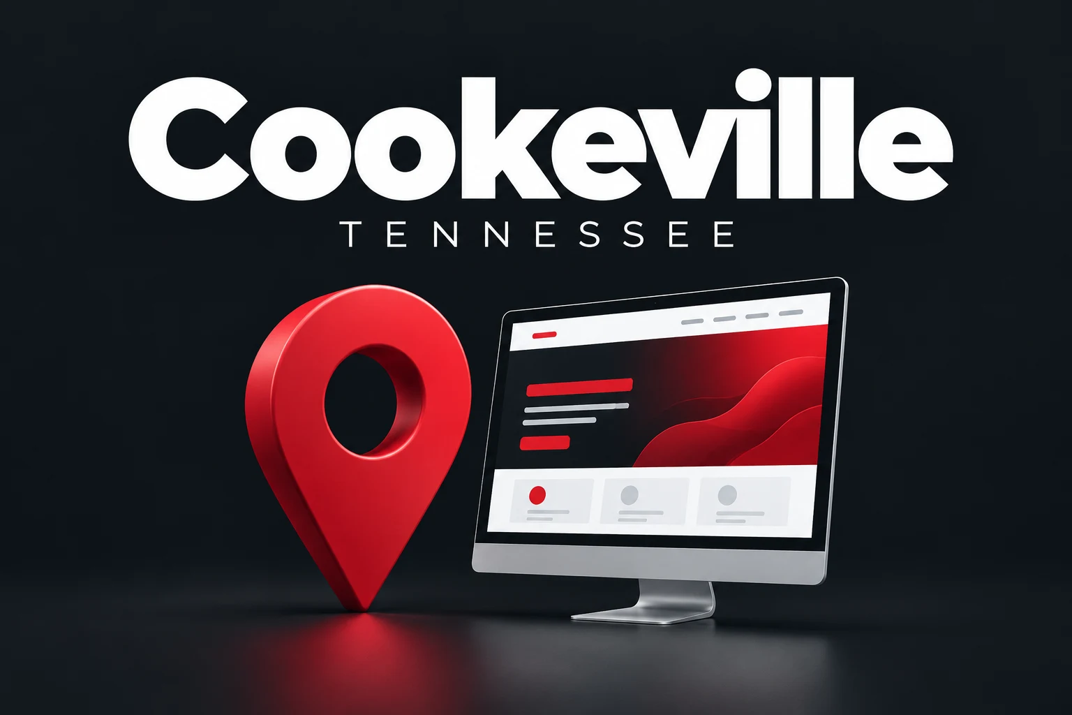 Cookeville, Tennessee graphic with city name, red location pin, and computer screen