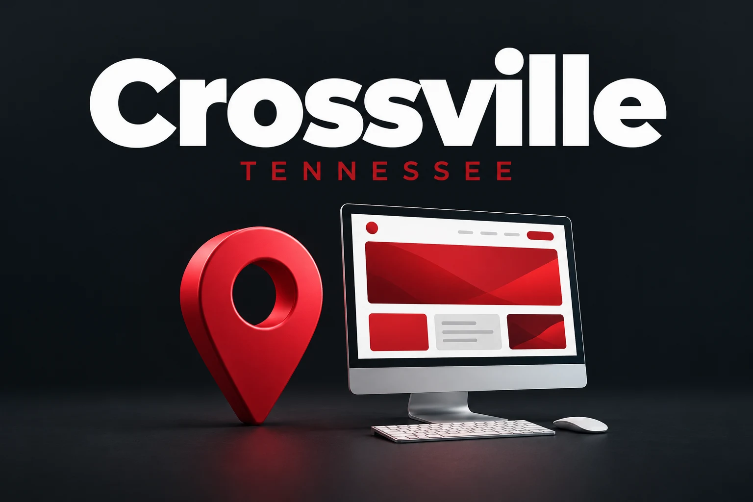 Crossville, Tennessee graphic with city name, red location pin, and computer screen