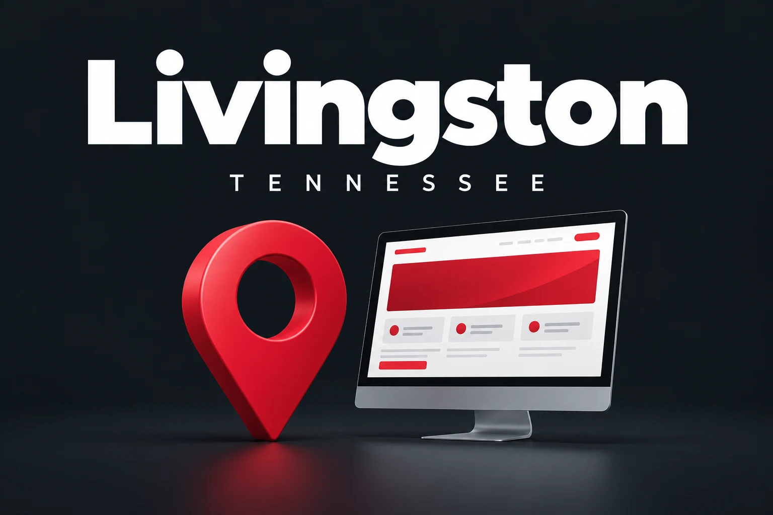 Livingston, Tennessee graphic with city name, red location pin, and computer screen