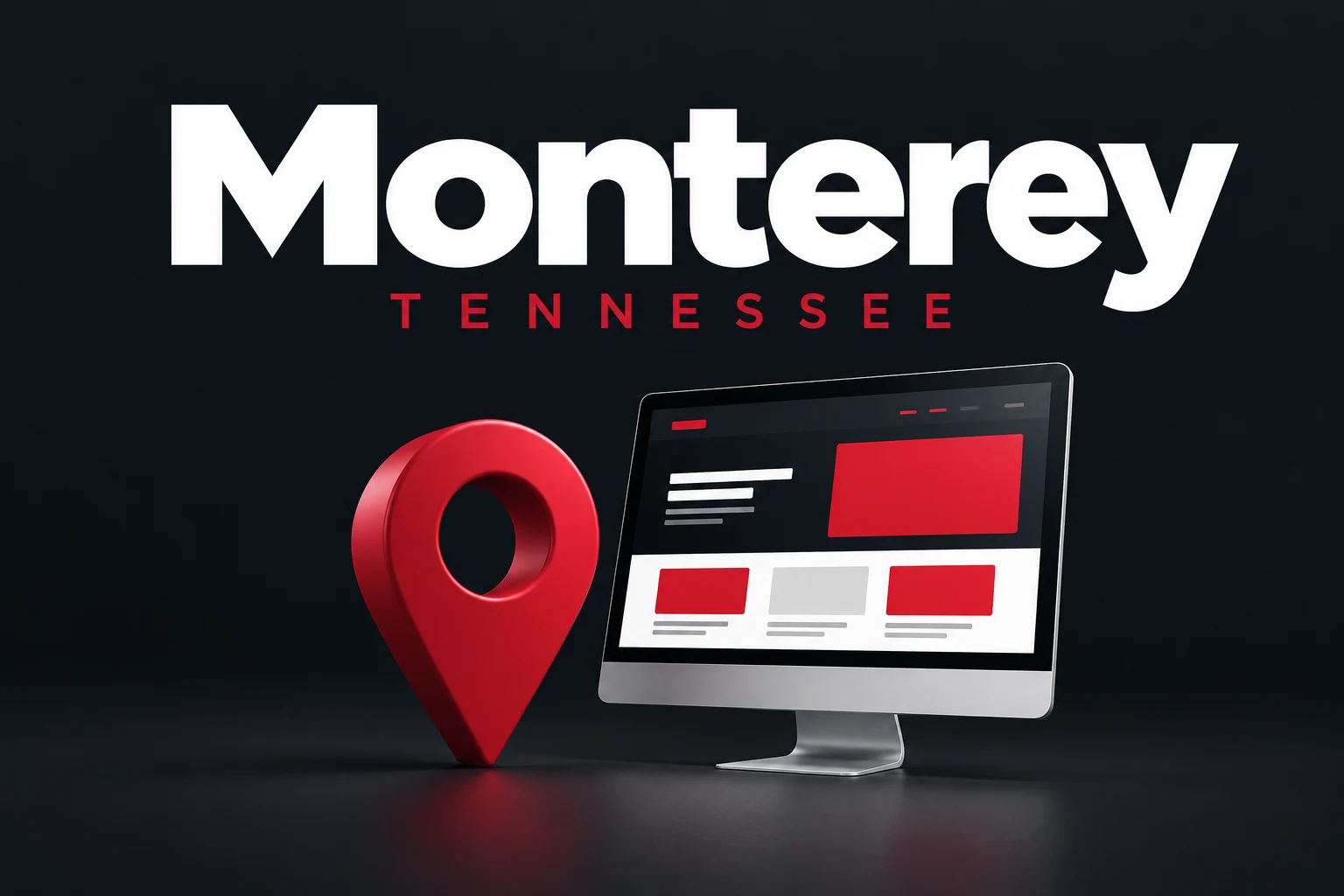 Monterey, Tennessee graphic with city name, red location pin, and computer screen