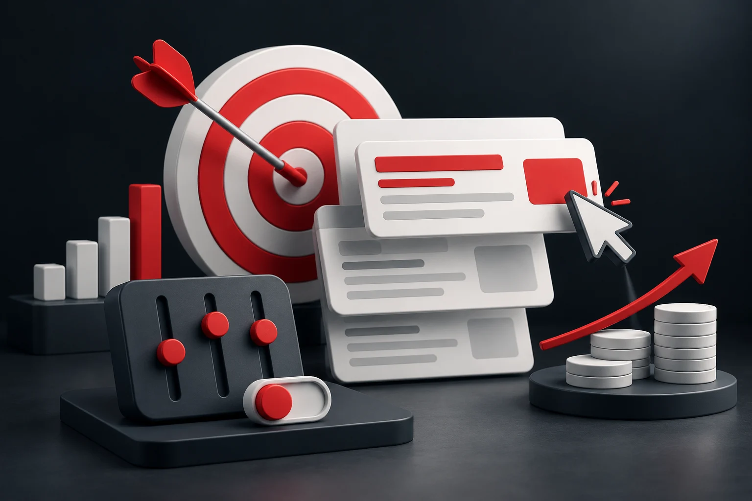 PPC campaign illustration with target, ad cards, and cursor