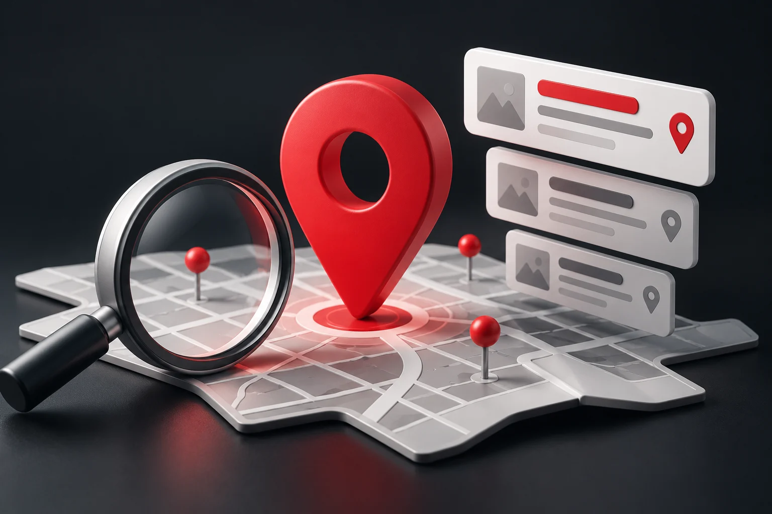 Local search illustration with map pin, search results, and magnifying glass