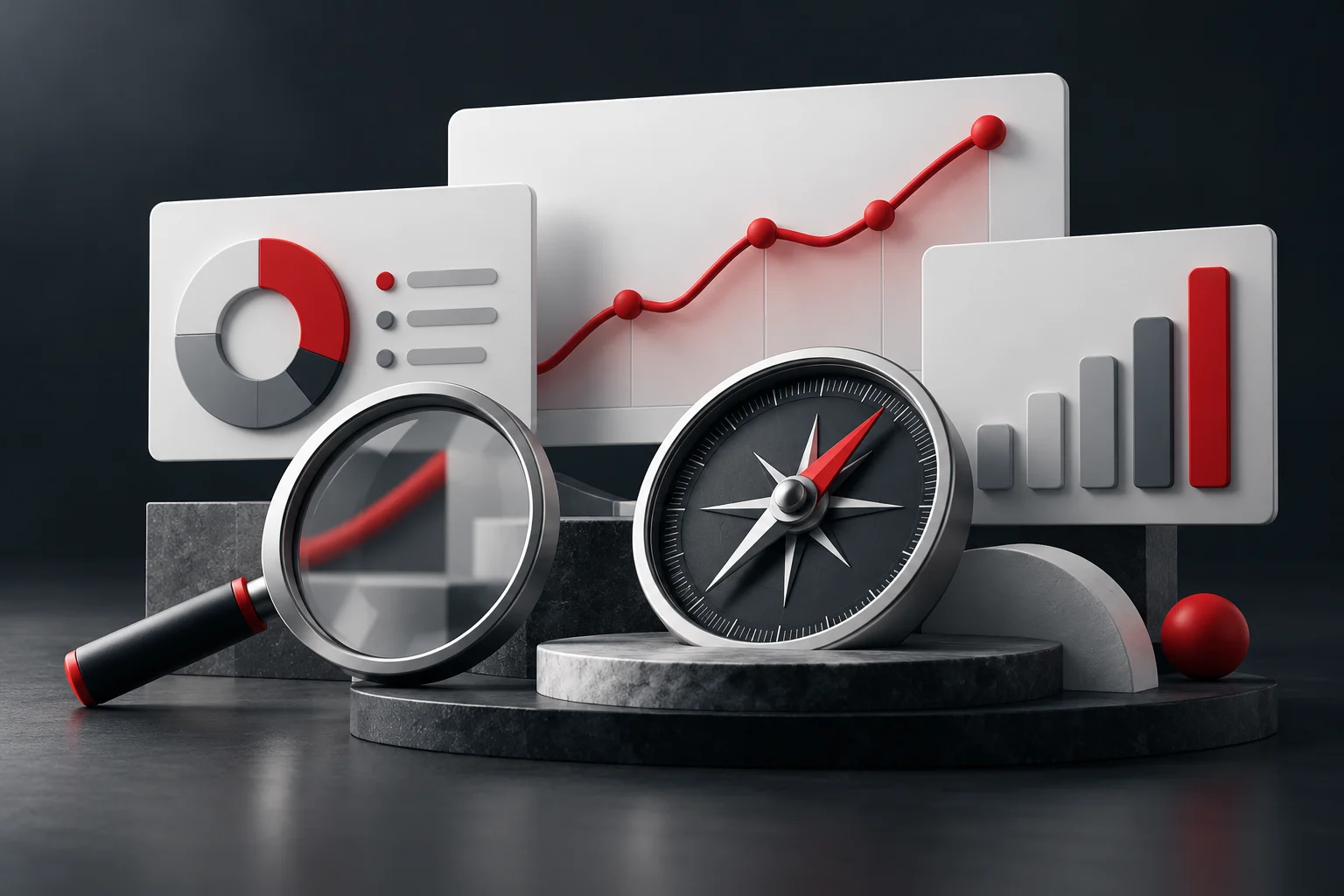 Marketing analytics illustration with dashboard cards, compass, and magnifying glass