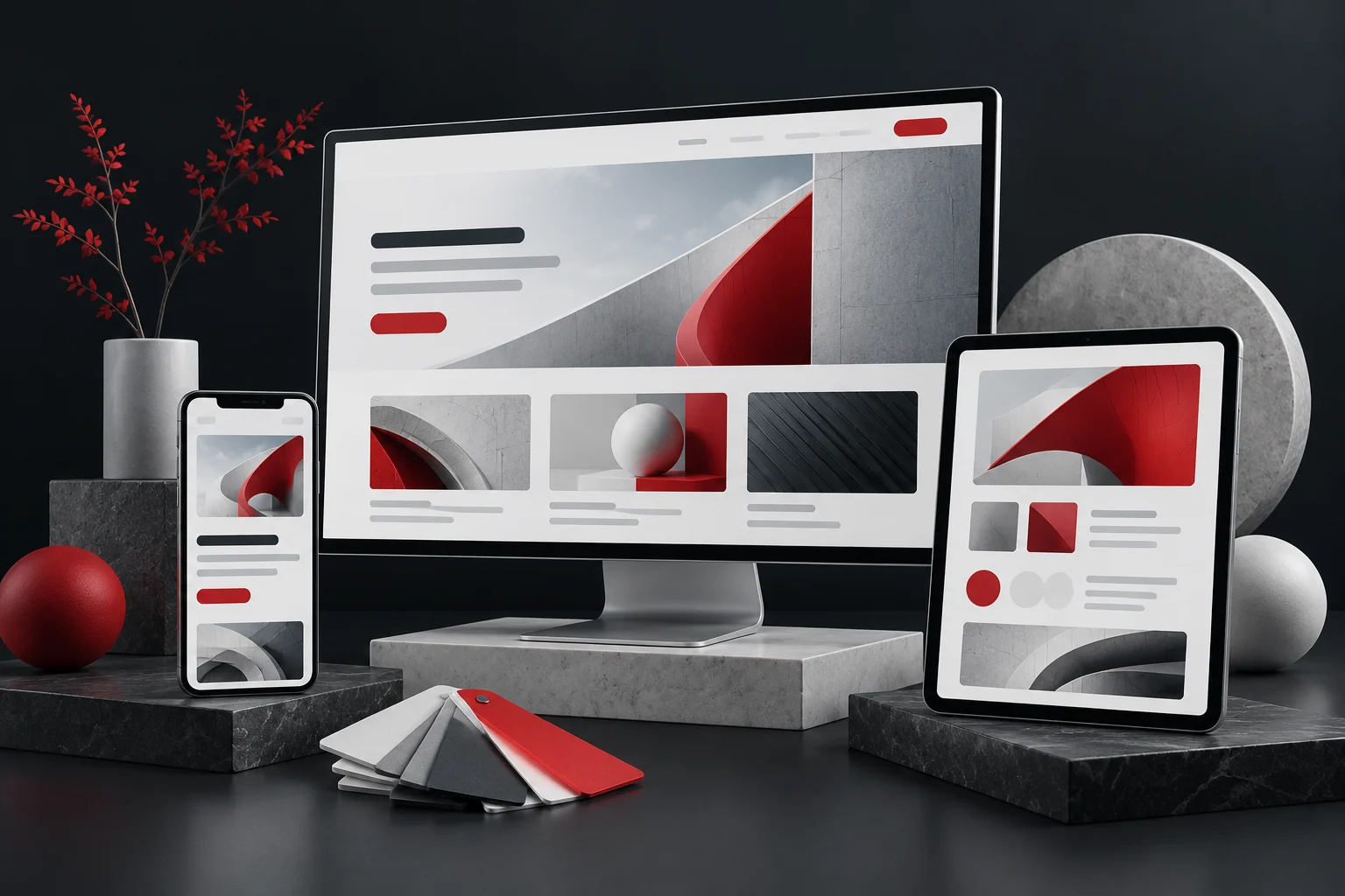 Illustration of responsive website designs on desktop, tablet, and phone