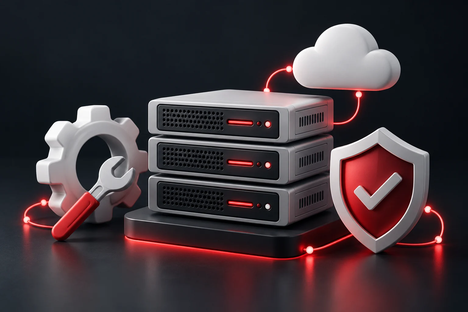 Website maintenance illustration with servers, tools, cloud, and shield